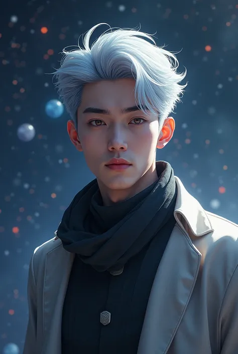 rafayel love and deepspace with silver hair. realistic style, dressed up as an asian men