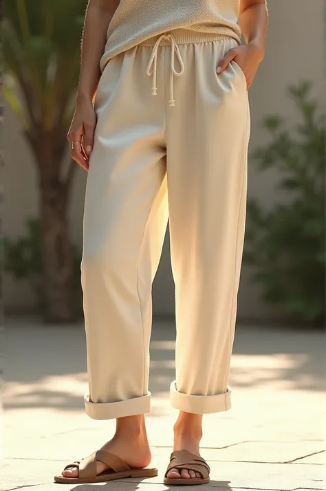 /imagine A casual outfit featuring a pair of cotton trousers paired with sandals. The cotton trousers are loose and comfortable, in a light beige or khaki color, perfect for a relaxed, warm weather look. The sandals are simple, made of leather with a neutr...