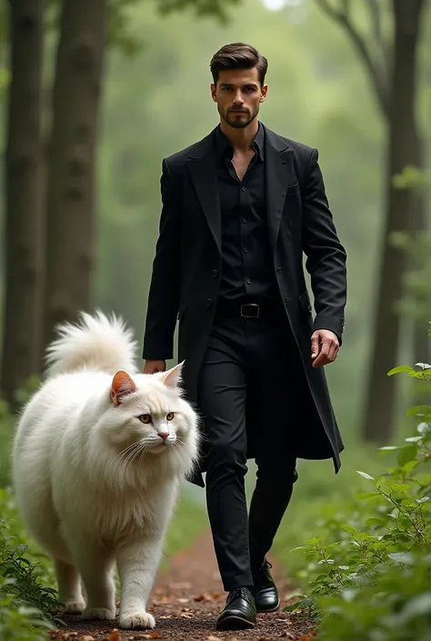 vidio a handsome young man dressed in black
leisurely walk with a very large angora cat
wooded