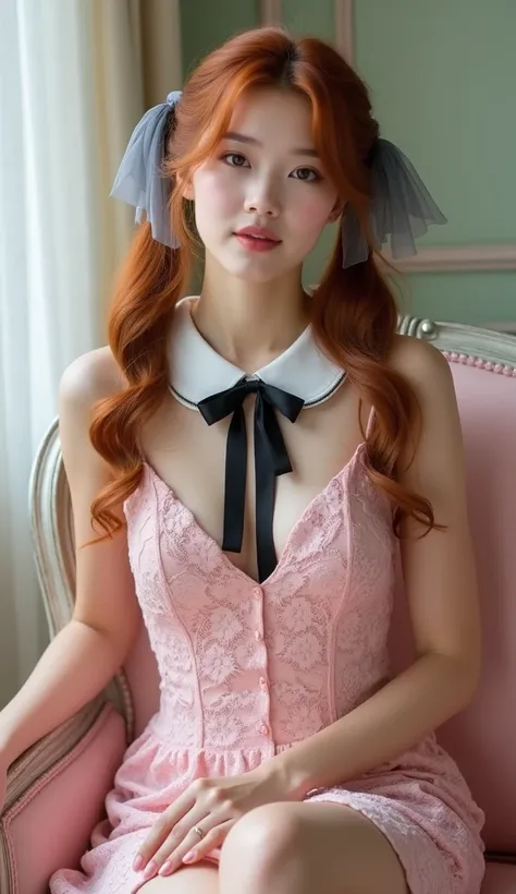 woman, early 20s, wearing a pink lace mini dress with intricate floral patterns, fitted silhouette, white peter pan collar with black ribbon detail, long wavy auburn hair styled in twin ponytails with sheer gray ribbons, soft makeup with rosy cheeks and pi...