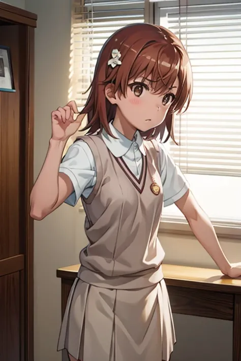 Mikoto misaka.、A Certain Scientific Railgun、girl、Small breasts、whole body,blush,Short sleeve blouse、Beige knit vest、Darkgrey plain pleated skirt、best quality,