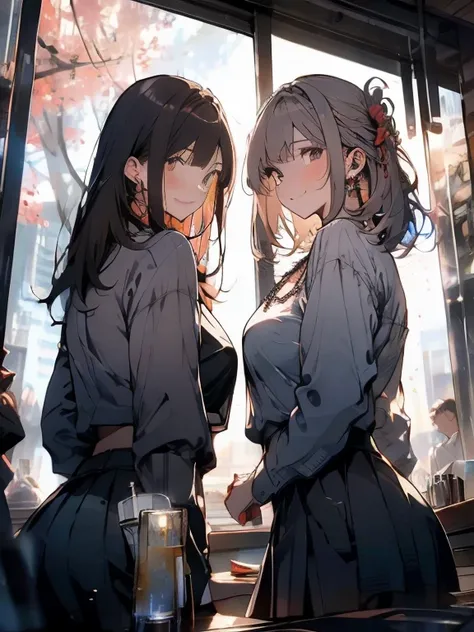 2 Girls, OL,  Big Breasts ,  pink shirt , Ivory Pleated Skirt, The wind blows up her skirt,  Necklaces ,  earrings, Brown Hair,  cute face, smile,  blanking in the heart of the city,  lean forward ,  drinking beer ,  restaurant , cherry blossoms,  Rear Vie...