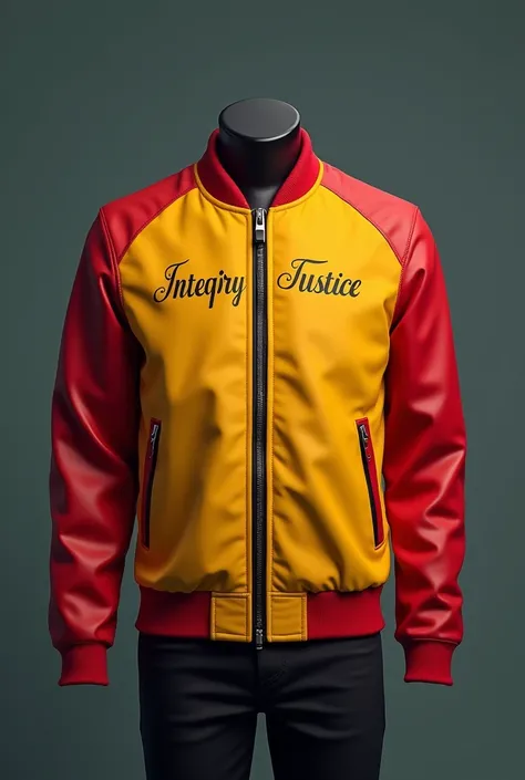  Make a picture of a jacket with red and yellow base colors , there is the inscription INTEGRITY FOR JUSTICE and the logo of the law faculty with an elegant design,intellectual ,simple, is cool and many people like 