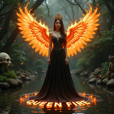    fullbody highlights Beautiful Korean woman wearing shiny black dress beautiful wings shape of a flaming fire, crown, standing on the water under the feet of a circle of sparks inscribed  "QUEEN FIRE "  on the jungle background there is a statue of Monke...