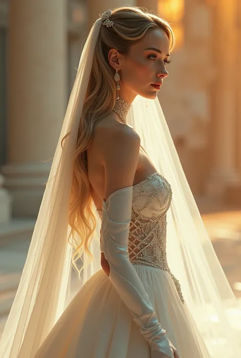 Reagan Lush, beautiful fembot bride, hyper-realistic android, detailed face and body, elegant white wedding dress, long flowing hair, alluring gaze, slender figure, seductive pose, (best quality,4k,8k,highres,masterpiece:1.2),ultra-detailed,(realistic,phot...