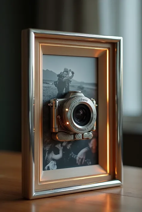 Give me an interesting design of the photo frame in which the camera is placed and printed the photo and protruded out of the photo frame 