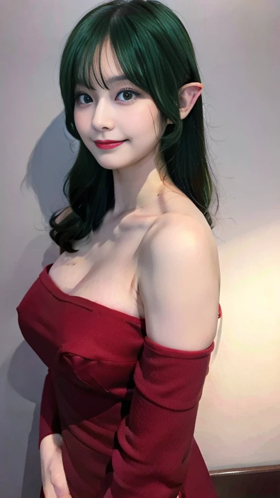  ((masterpiece,best quality,ultra-delicate,Perfect Face,16k,very detailed eyes,high resolution,very beautiful girl,sharpness,raw photo,18 years old)),bright green color hair:2.0,Red strapless bodycon tube dress with huge red bow on the back:2.0,Red long ar...