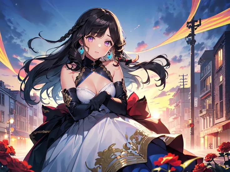 (solo girl, one girl :2), (adorable expression), ((hair tied in a big blue ribbon))), (((long black hair))), ((lots of hair accessories))), (((teardrop shaped earrings))), (((light blue high neck dress, opera gloves))), (leaning forward hiding her hands), ...