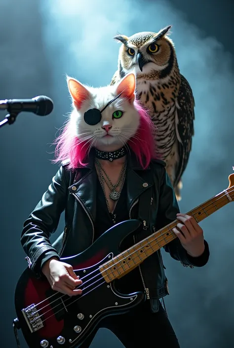  An anthropomorphic white cat ,  female, pink hair, green eyes, eye patch on left eye, rocker clothes , a leather cover, playing bass,  with a big owl on her shoulder, dark stage with fog , dark