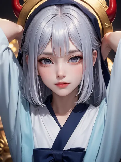 masterpiece， top quality，8k， Detailed Skin Textures ， detailed cloth texture，Beautifully detailed face， complex details， super detailed ，Rei Ayanamiの肖像，Silver Hair，Red colored eyes， black headgear on the head,Pixieカット，Shining Skin Hair Ornaments, gold hair...