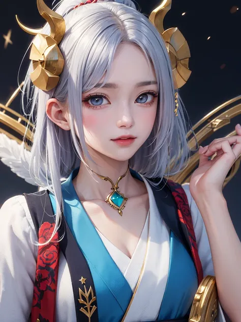 masterpiece， top quality，8k， Detailed Skin Textures ， detailed cloth texture，Beautifully detailed face， complex details， super detailed ，Rei Ayanamiの肖像，Silver Hair，Red colored eyes， black headgear on the head,Pixieカット，Shining Skin Hair Ornaments, gold hair...