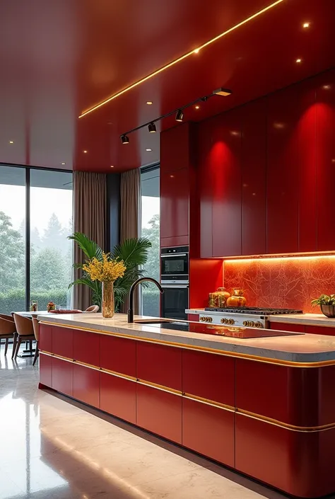 Create a stunning red and gold kitchen. Make sure it looks luxurious, chic and modern. Very spacious.