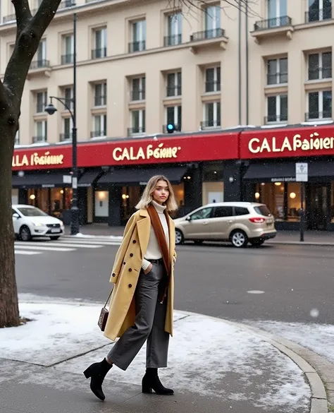 (((wide angle shot))), full body, Beautiful (((Latina))) girl named Luna, shoulder length blond gradient hair, bob cut hairstyle, hair loose, 20 years old, light tanned, smiling, wearing minimalistic, oversized wool peacoat in a light yellow color, made fr...