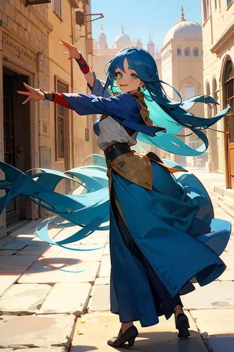 Create a girl with long blue hair ,  green eyes, who smiles, has medieval clothes.  She is dancing and is in a square with Arab buildings around.