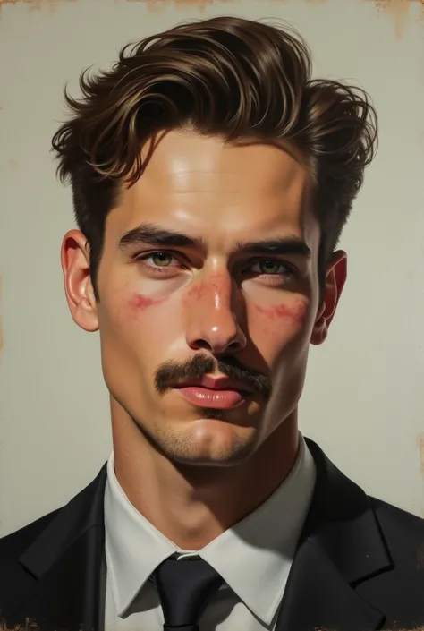  A handsome skinny sleek mustachioed 20-year-old man with broad cheekbones, but with flux on his right cheek , oil painting 