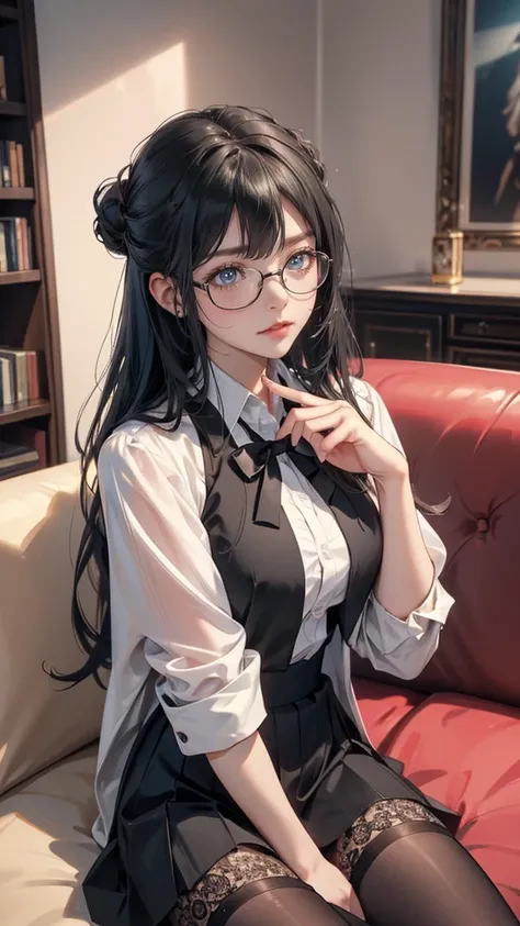 (random porn pose),(Highest image quality,(8k),ultra-realistic,best quality, Long twin bun black hair, high quality, high definition, high quality texture,high detail, Glasses, beautiful detailed,fine detailed,extremely detailed cg,detailed texture,a reali...