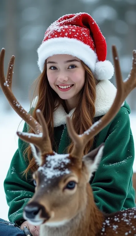 Beautiful young woman, white skin, smiling face, long hair wearing red Santa hat, wearing a frost-proof Santa suit green colour, sitting with deerเรเดีย in snowfall atmosphere. ในมือถือกล่องของขวัญสีทอง