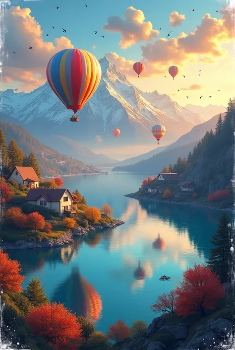 crate an image of alot of air ballons lake in the middle and mountents in the back and in sunset and some houses by the lake and make it look in a 
a paint frame and some paint brashes all over the frame more paint brashes and add some birds and cluod and ...