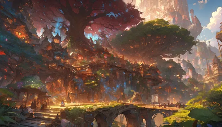 (by Greg Rutkowski: 1.2), (masterpiece), (best quality), extremely delicate and beautiful, illustration, vibrant color, (fantasy landscape), A mesmerizing fantasy landscape with enchanting elements blending seamlessly. (huge tree, fantasy), from Brian Frou...