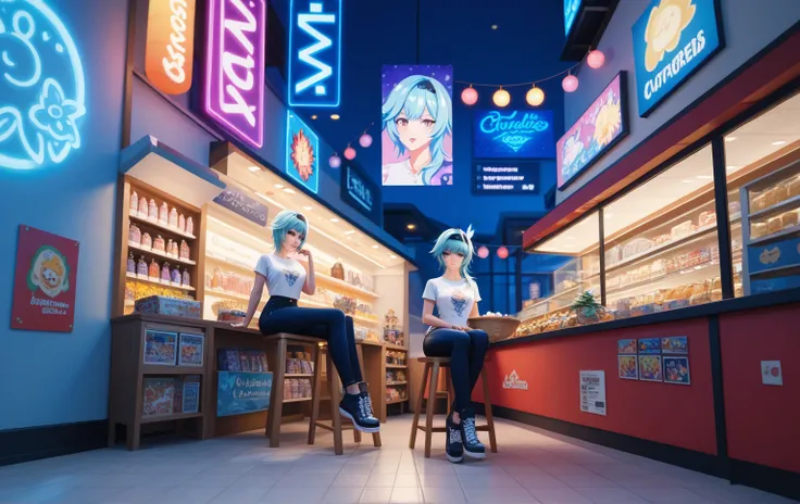 1girl, Eula (Genshin Impact), a young  woman with short hair, wearing a white t-shirt and cream-colored loose-fitting pants, sitting on steps in front of a shop. The shops walls are covered with colorful stickers and graffiti art, creating a vibrant and ec...