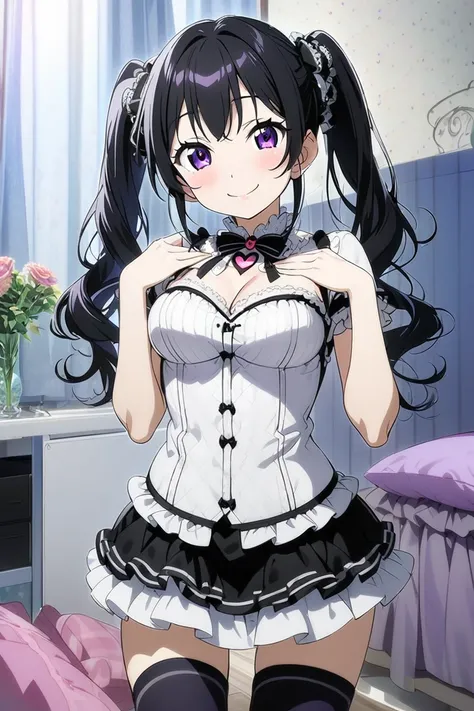 best quality,official art,Middle school students,fair skin,twin tails,black hair,smile,medium breasts,cleavage,full body,bed room,in the morning,a cute woman with a heart-shaped face, charming smile, and dimples,gothic lolita fashion,slim,mini skirt,from b...