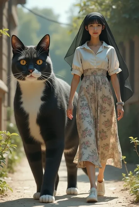  A woman dressed in a white shirt wearing a flowery skirt  ,wear black veil wearable watch,  white shoes walking with a giant black white striped cat walking hand in hand 