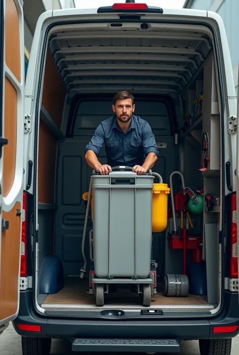 Van carrying a large cleaning troyley inside with a crew member in the troyley
