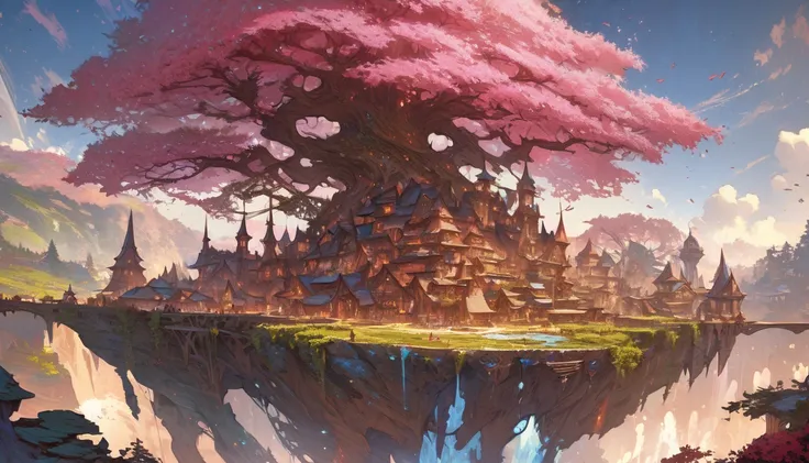 (by Greg Rutkowski: 1.2), (masterpiece), (best quality), extremely delicate and beautiful, illustration, vibrant color, (fantasy landscape), A mesmerizing fantasy landscape with enchanting elements blending seamlessly. (huge tree, fantasy), from Brian Frou...