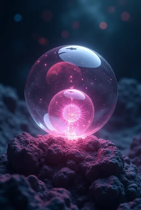 (( top quality)), ((masterpiece)), (  Details), In the darkness of the great universe 、 a planetary or solar flare、 there is a translucent pink glass ball inside a large glass ball