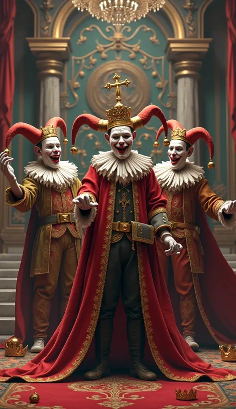 Three crazy s in royal attire, standing in front of a grand castle. They have exaggerated, mischievous expressions. The scene feels chaotic, with power symbols like crowns, scepters, and golden trinkets around them. The background shows an ornate throne ro...