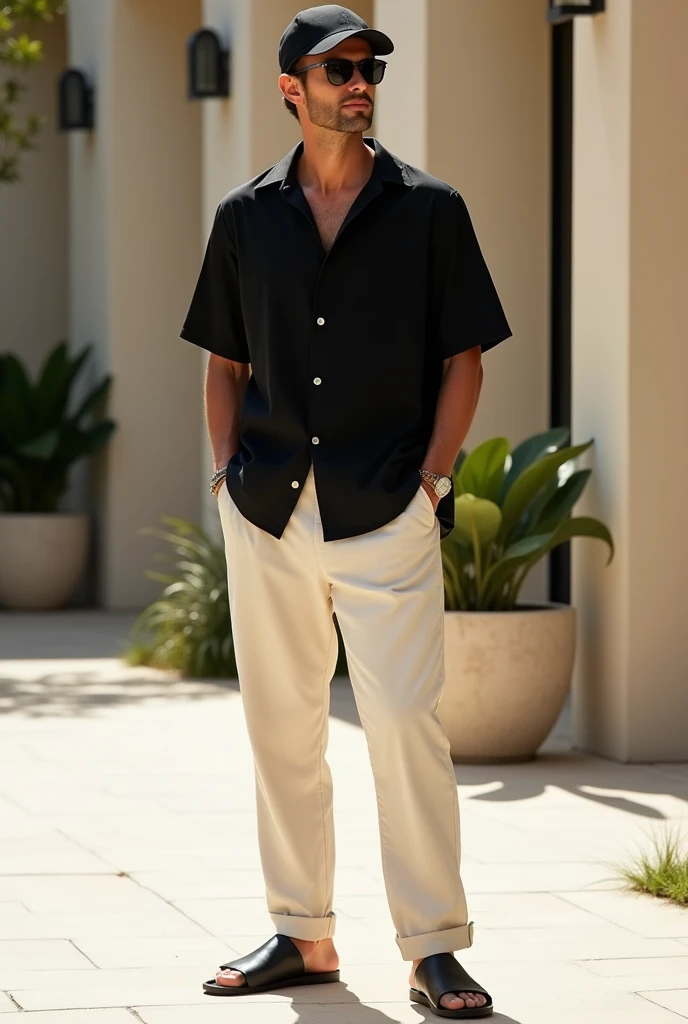 /imagine A stylish mens outfit featuring a pair of loose cotton trousers, light beige or khaki in color, paired with a black shirt. The shirt is simple yet elegant, made of soft fabric, with a relaxed fit. The look is completed with a black cap, and a pair...