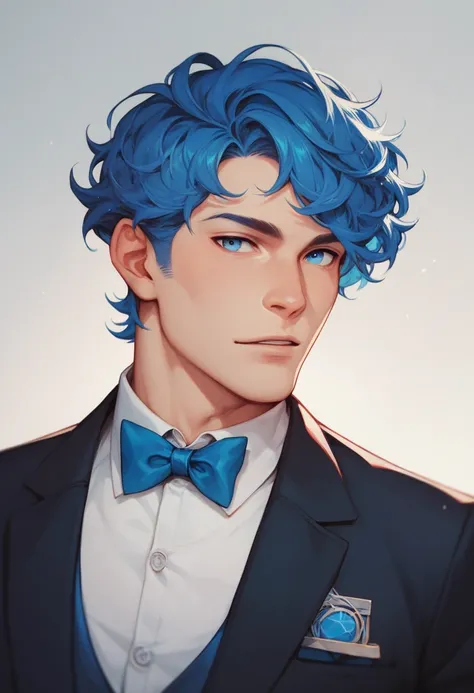 male, blue hair, blue eyes, suit, curly, medium hair, fair skin