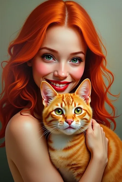 smiling women, red hair, happy, with a cunning orange cat on her hands, oil shiny skin,  portrait