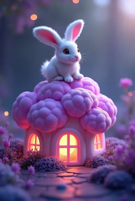 tiny flufy rabbit sit on purple lighted caualiflower lighted  house
