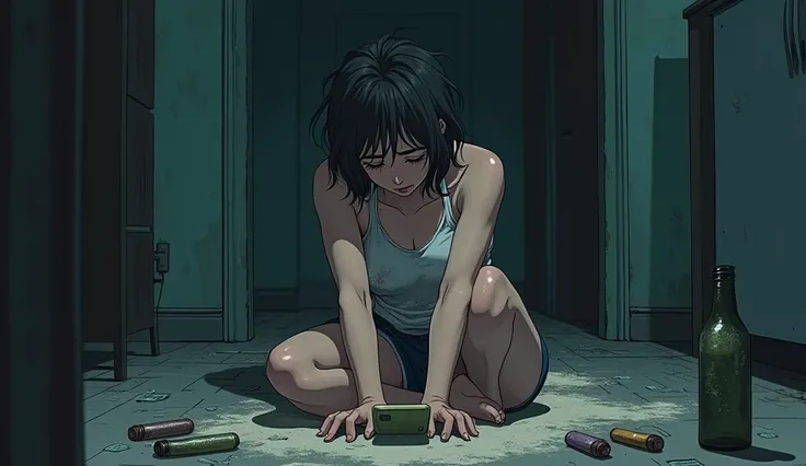 Clara in a dingy apartment in anime style, sitting on the floor in a tattered tank top and shorts, her hair unkempt and dark circles under her eyes. The remnants of a drug binge, including empty bottles and scattered powder, surround her as she stares at h...