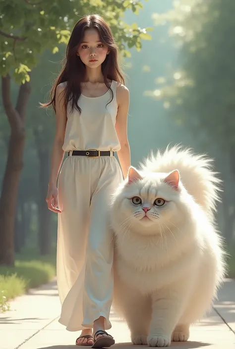 A woman dressed casually in white and black is walking along with a giant angora cat facing the camera 