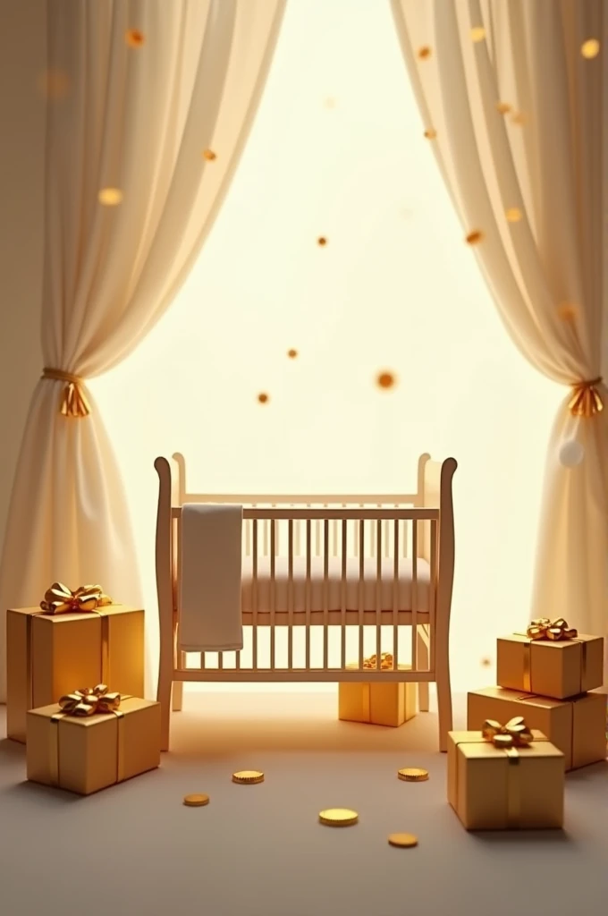 Silhouette of a crib with gifts in gold 