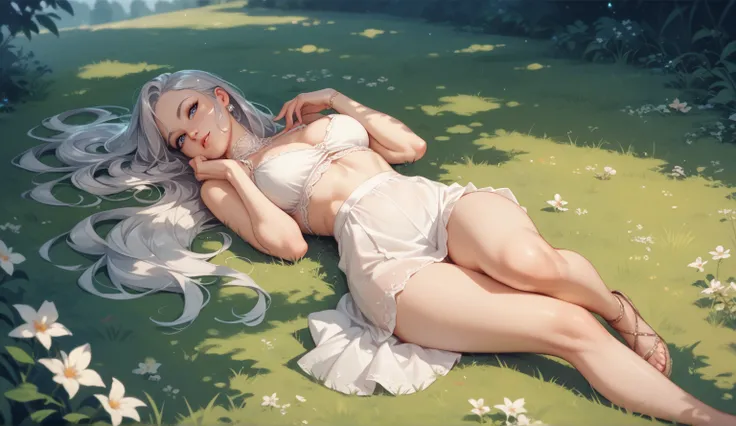 girl with silver long hair lying on grass