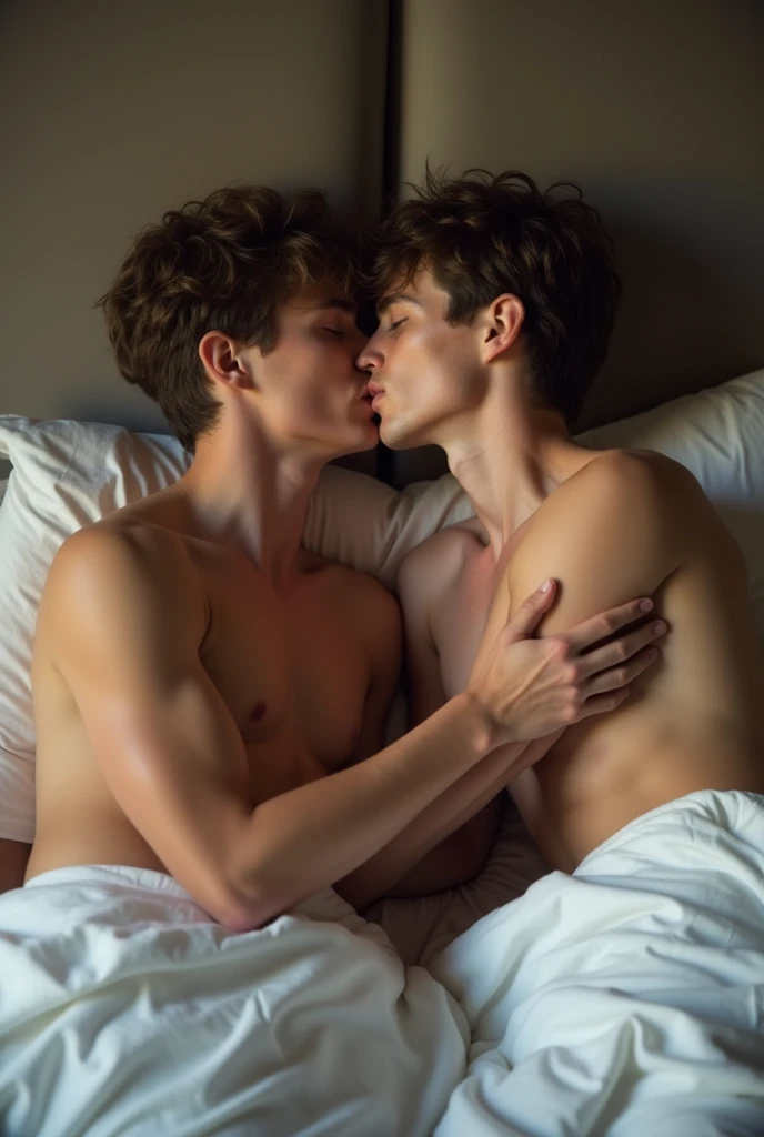 Make two boy kissing in bed, having a intimate moment. (Show the other poundng the other boys ass, show his dick)