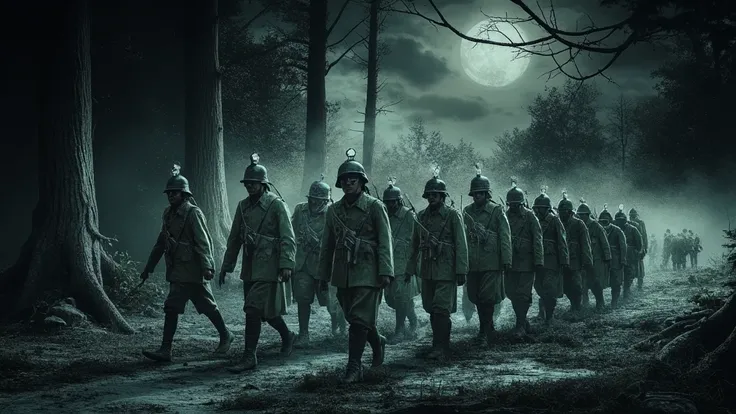 A whole company of Japanese soldiers of the Second World War in samurai helmets are walking through the forest. They have green uniforms and guns in their hands. Its a dark night. The white moon. Dark white lighting