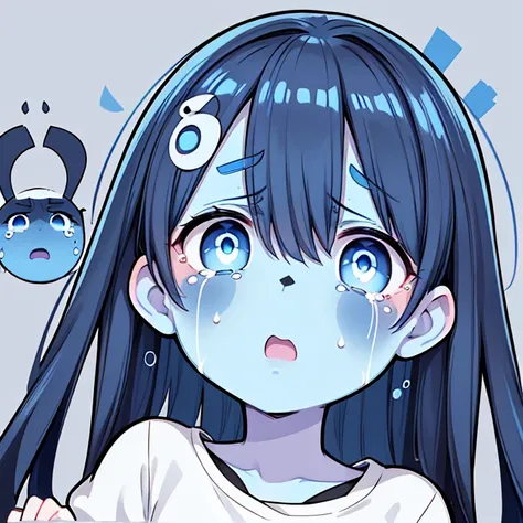 Cute beautiful girl, pale face, black hair, wide eyes, (shocked expression:1.5), (blue face:1.8), from below, open mouth, slightly trembling, (fear:1.3), simple background, (tears in eyes:1.2), (sweat:1.1), thin eyebrows, (small nose:1.1), small mouth, (cl...