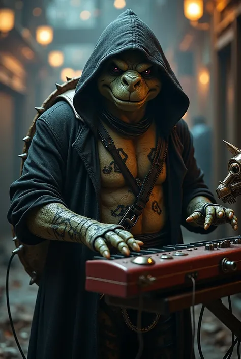 a turtle, furry, masculine, long black clothes, Skull print on clothes , wearing a hood, playing keyboard,  with a steampunk rocker robot dog