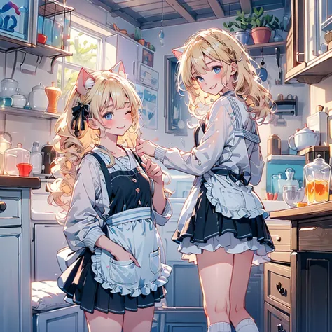 (( Masterpiece :1.2)), ((最高quality)),1 Female(Cat ears,Alice (不思議の国のAlice:1.2),Age: 12,cute,Curly Hair, Colorful long blonde hair, Blue ribbon on the head ,cute, Aliceの衣装,[Cat ears:1.4],whole body), break ,background(forest, spring), break ,quality(8k, hig...