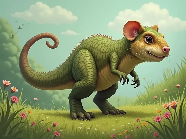 T-Rex with guinea pig head and rat tail on a green background