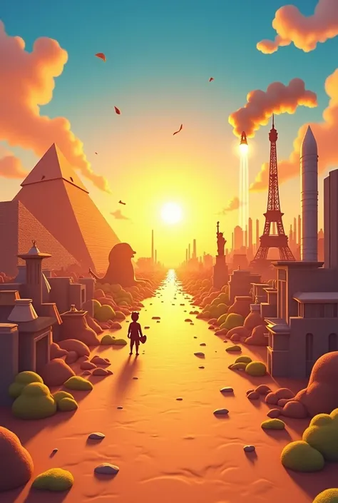 A vibrant and colorful 3D animated-style movie poster background inspired by The Adventures of Peabody and Sherman, featuring a timeline of human history. The floor is a continuous earthy ground that stretches across the entire image, tying all eras togeth...