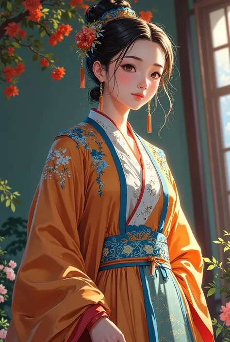 Portrait of a young woman with fair skin in hanfu clothing 