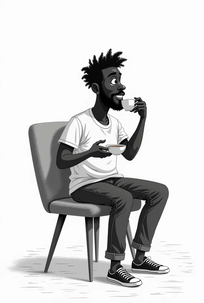 Dessin en noir et blanc dans un style denfant :
Un homme africain assis sur une chaise, buvant un café.