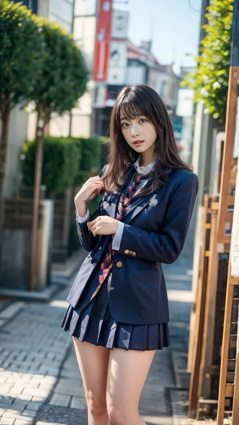 a beautiful 18 year old Japanese high school girl with perfect anatomy, healthy thighs, beautiful legs, beautiful skin, random hair color and style, large breasts, (wearing a Japanese schoolgirl uniform:1.3), (she is standing:1.2), penny loafers, holding a...