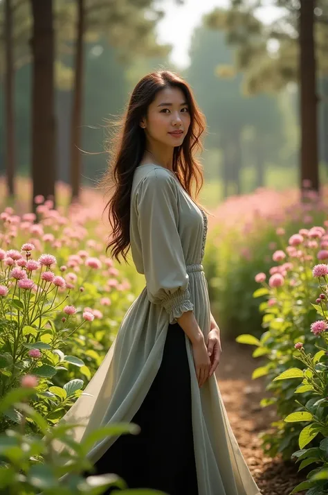 made a photo, a beautiful Asian woman with long wavy hair. wearing a long-sleeved button-up dress with long black bubble bottoms. the woman poses facing sideways and smiling faintly. The background is a dense pine forest with a wide expanse of small pink f...