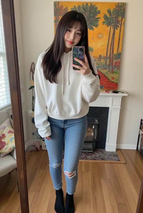 highest quality, Realistic, Very detailed, Finer details, High resolution, 8k wallpaper, One beautiful woman Standing in the house:1.3, smile,（Black socks） Oversized hoodie, Skinny jeans, Black Hair, Beautiful Bangs, Perfect dynamic composition, Beautiful ...